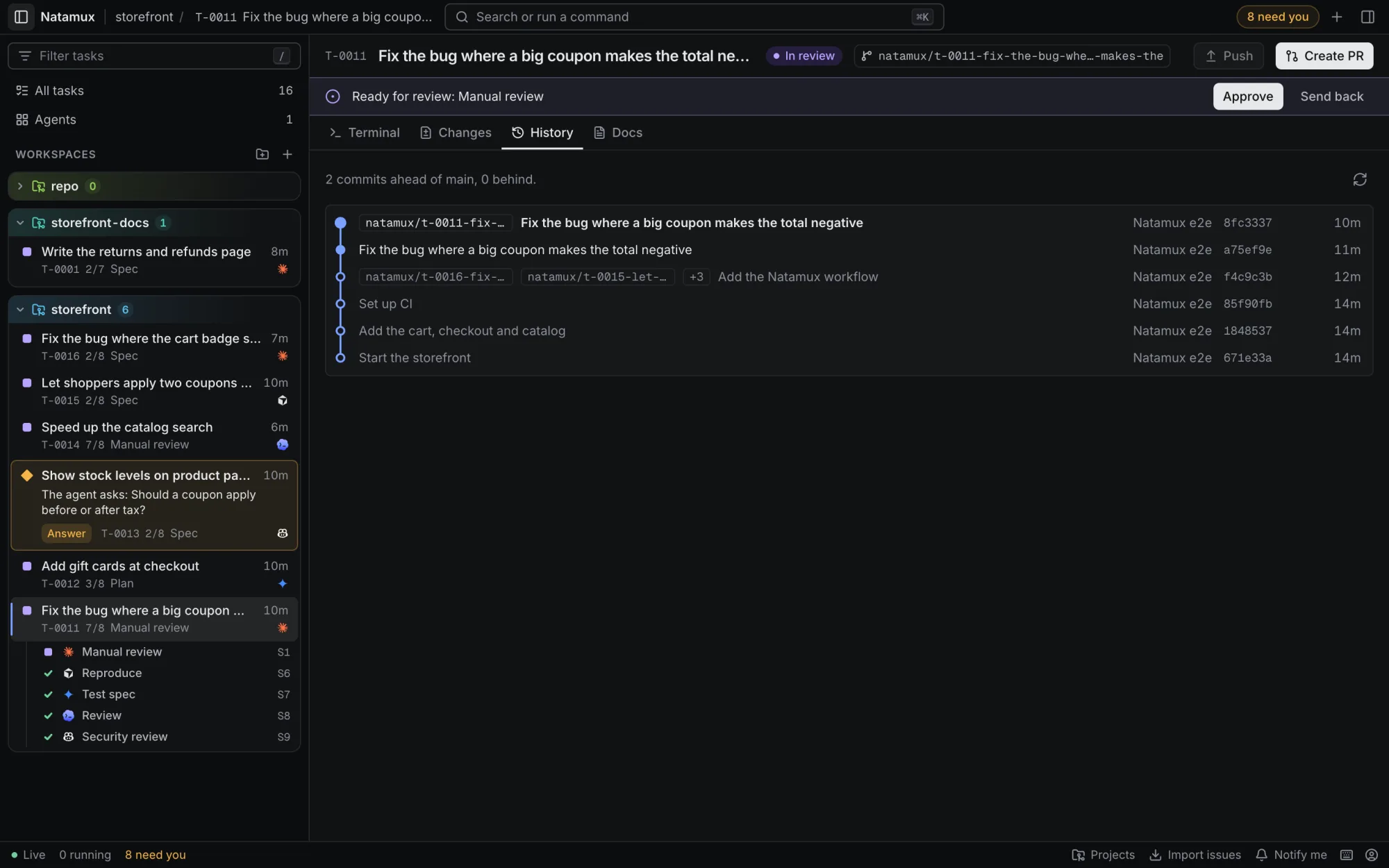 The History tab: the commit graph of the task branch next to its base branch.