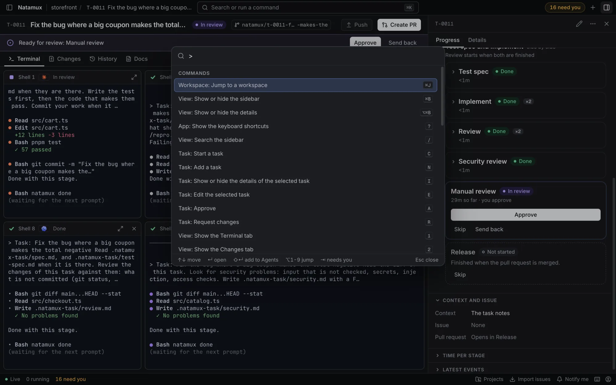 The command palette open over a workspace, with tasks that need you first and suggested commands.