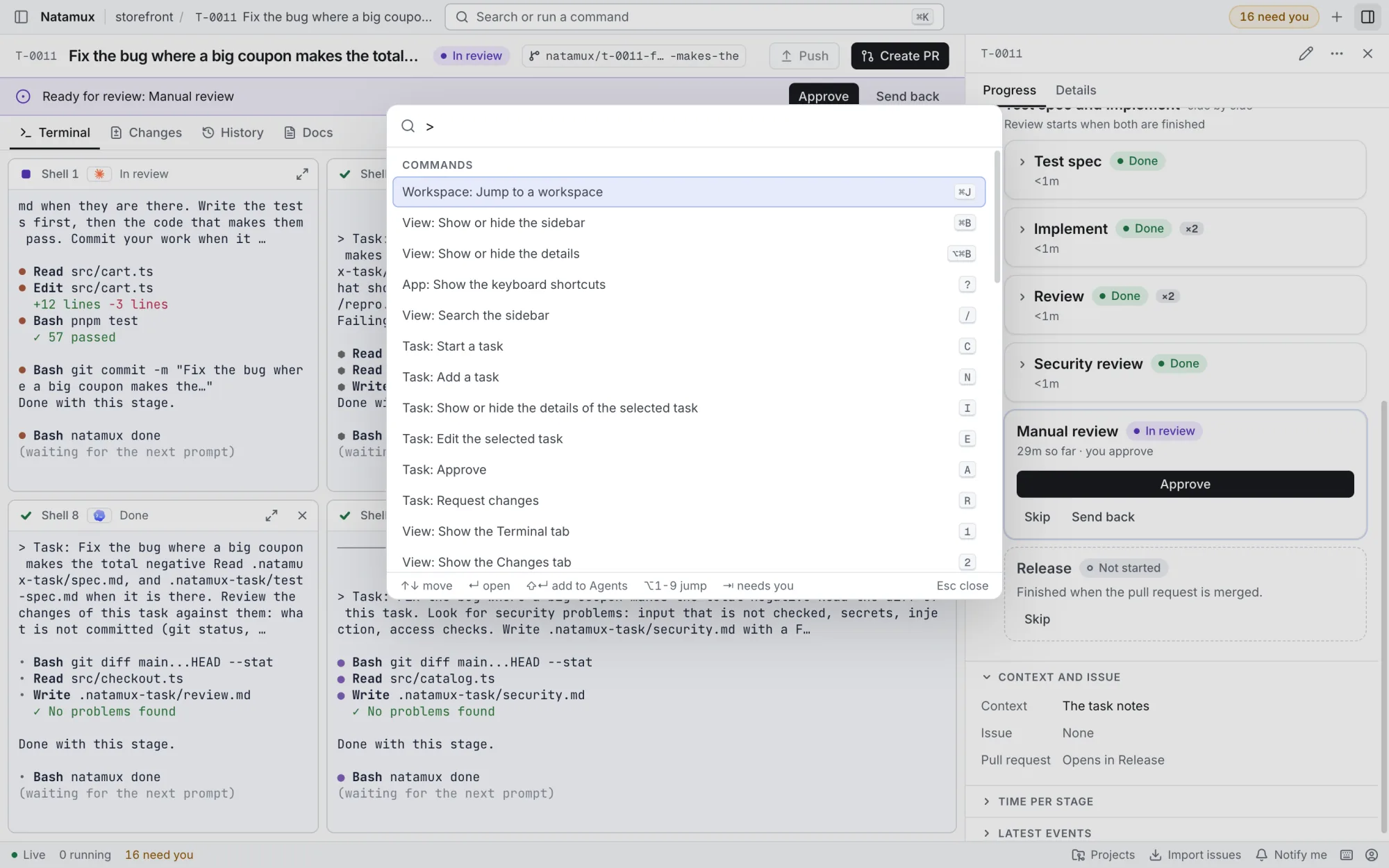 The command palette open over a workspace, with tasks that need you first and suggested commands.