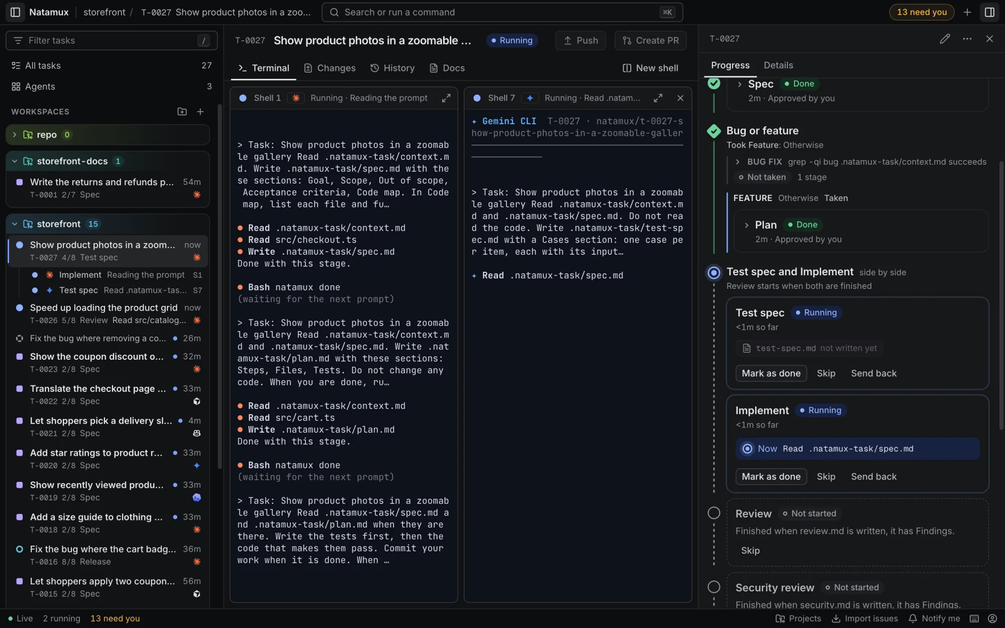The Terminal tab of a task. Claude Code works on Implement in Shell 1 and Gemini CLI writes the test spec in its own shell. The right panel shows the side by side group.