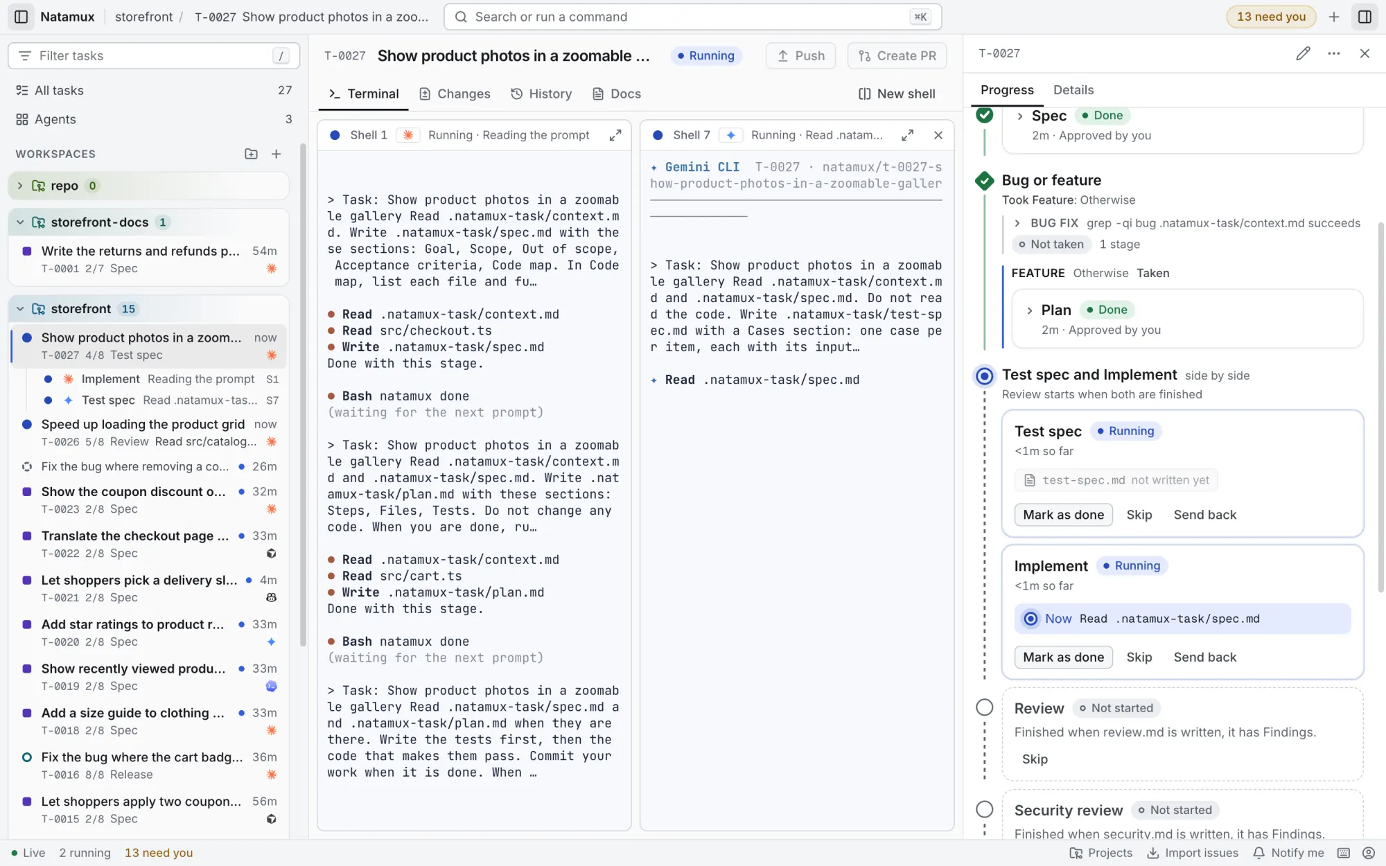 The Terminal tab of a task. Claude Code works on Implement in Shell 1 and Gemini CLI writes the test spec in its own shell. The right panel shows the side by side group.