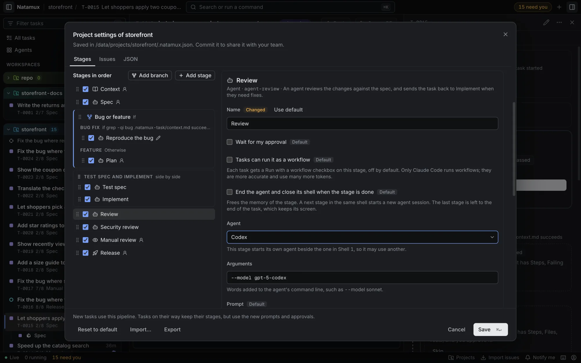 Project settings of storefront, Stages tab. The chart shows the If node. The Review stage is selected, with Agent set to Codex and the Arguments field.