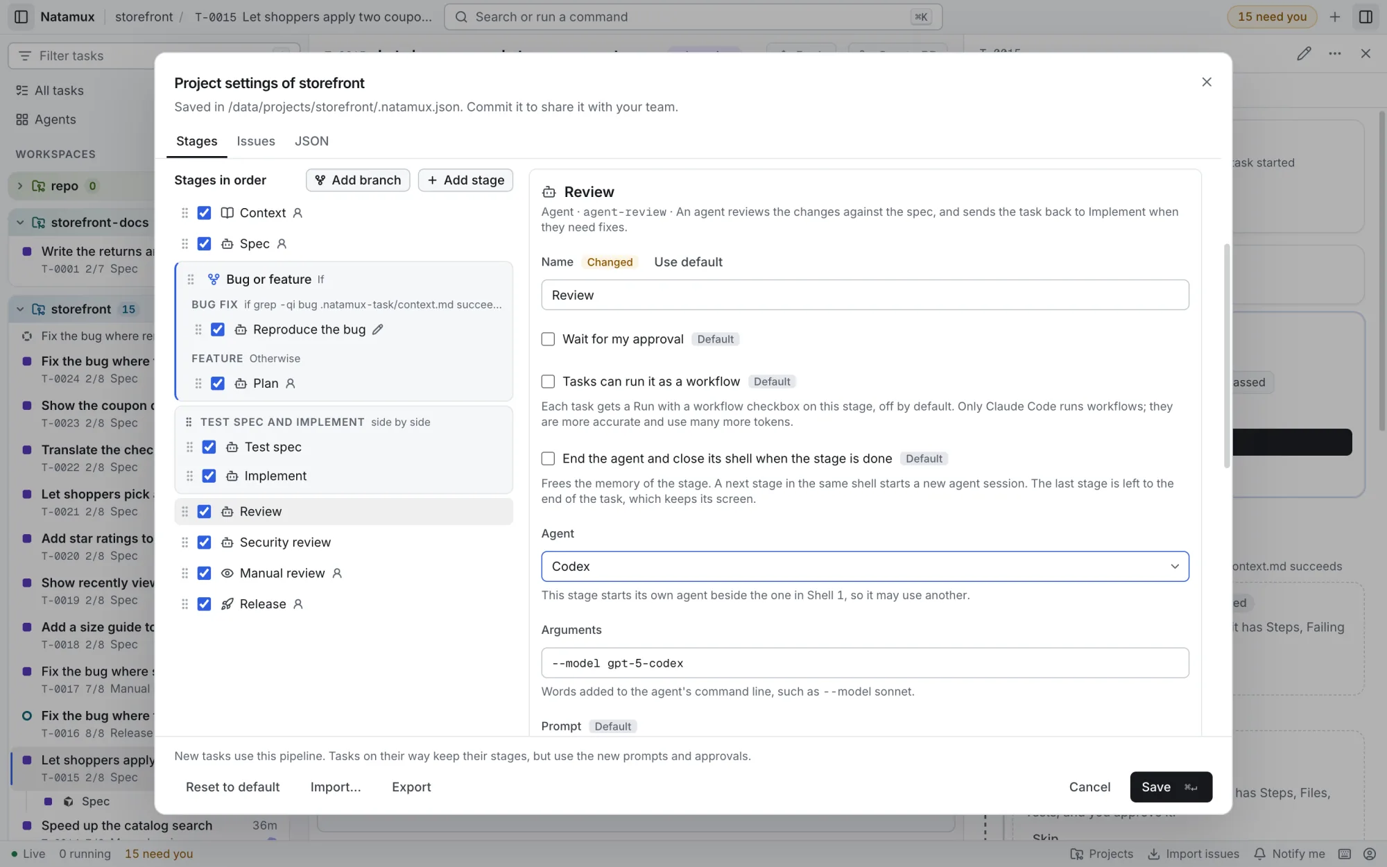 Project settings of storefront, Stages tab. The chart shows the If node. The Review stage is selected, with Agent set to Codex and the Arguments field.