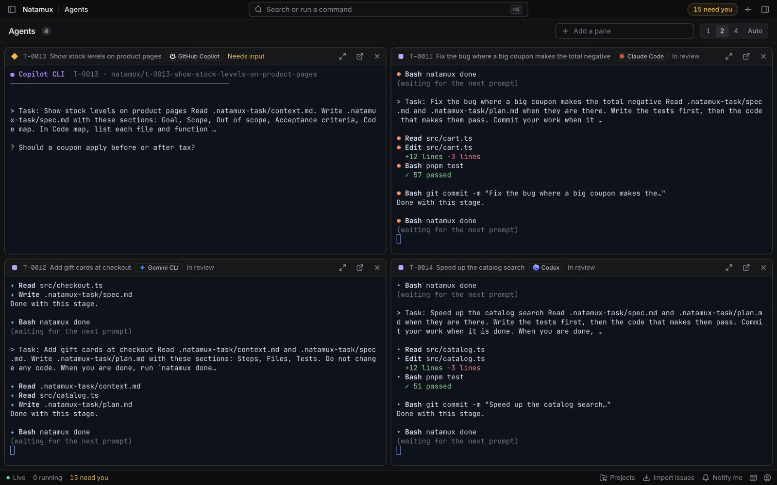 The Agents view: four agent terminals in a two by two grid, each with the task id, title, agent and state in its header. The pane at the top left is GitHub Copilot with a diamond marker and the state Needs input, and it shows the question Should a coupon apply before or after tax?