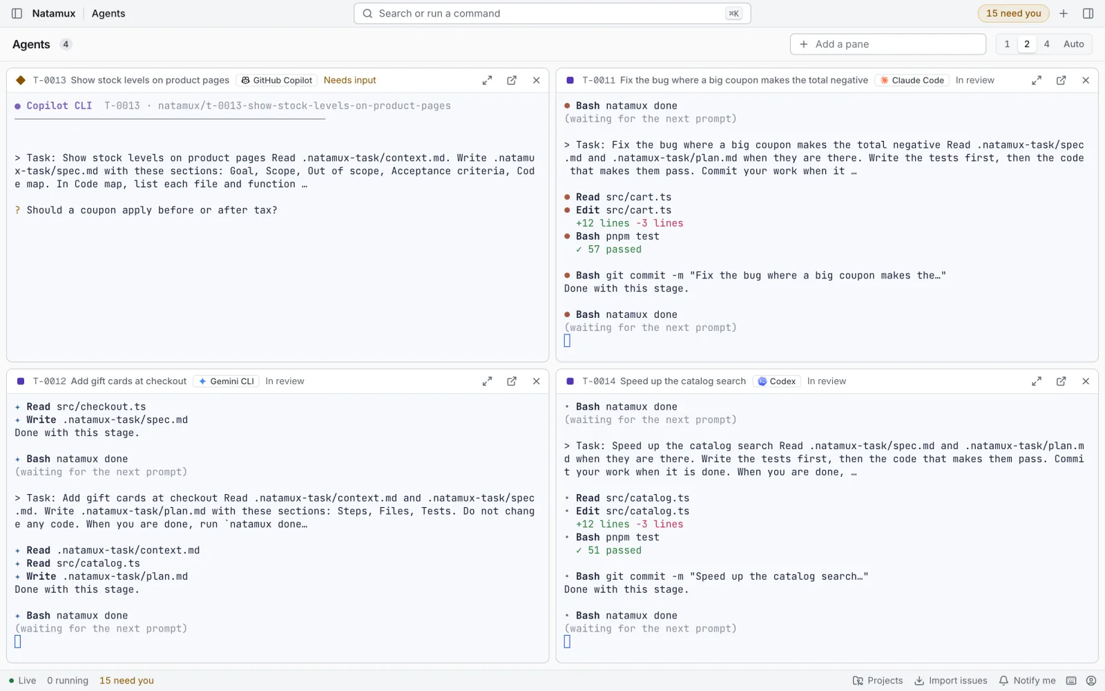 The Agents view: four agent terminals in a two by two grid, each with the task id, title, agent and state in its header. The pane at the top left is GitHub Copilot with a diamond marker and the state Needs input, and it shows the question Should a coupon apply before or after tax?