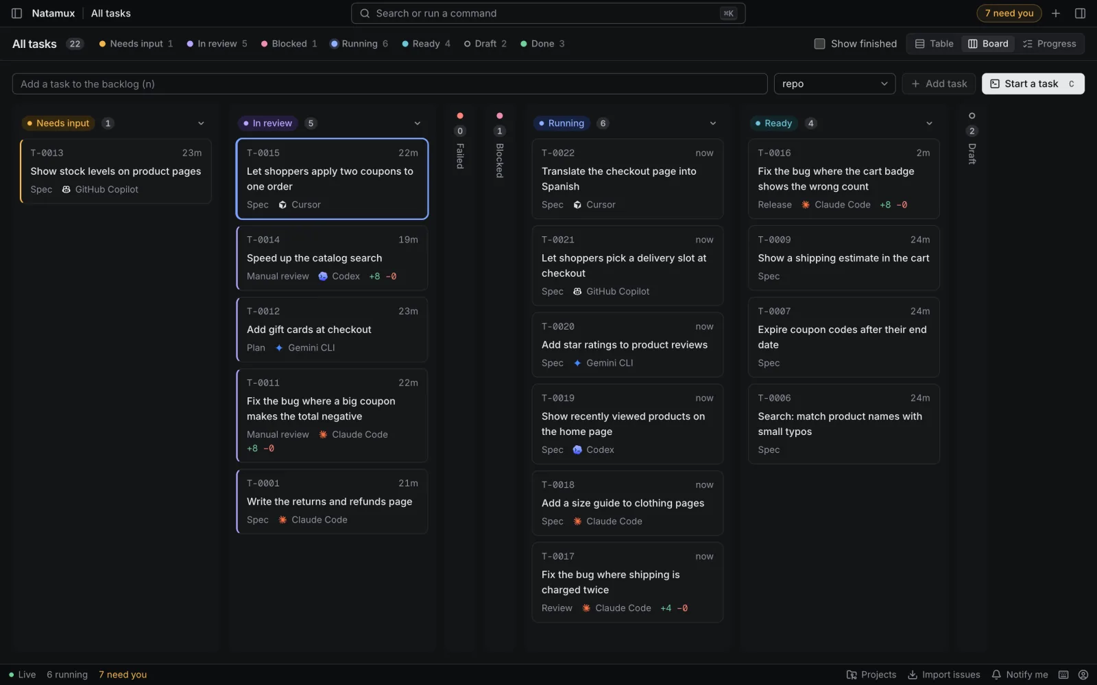 The Board view with the sidebar hidden. Needs input, In review, Running and Ready are columns with task cards. Failed, Blocked and Draft are narrow rails.