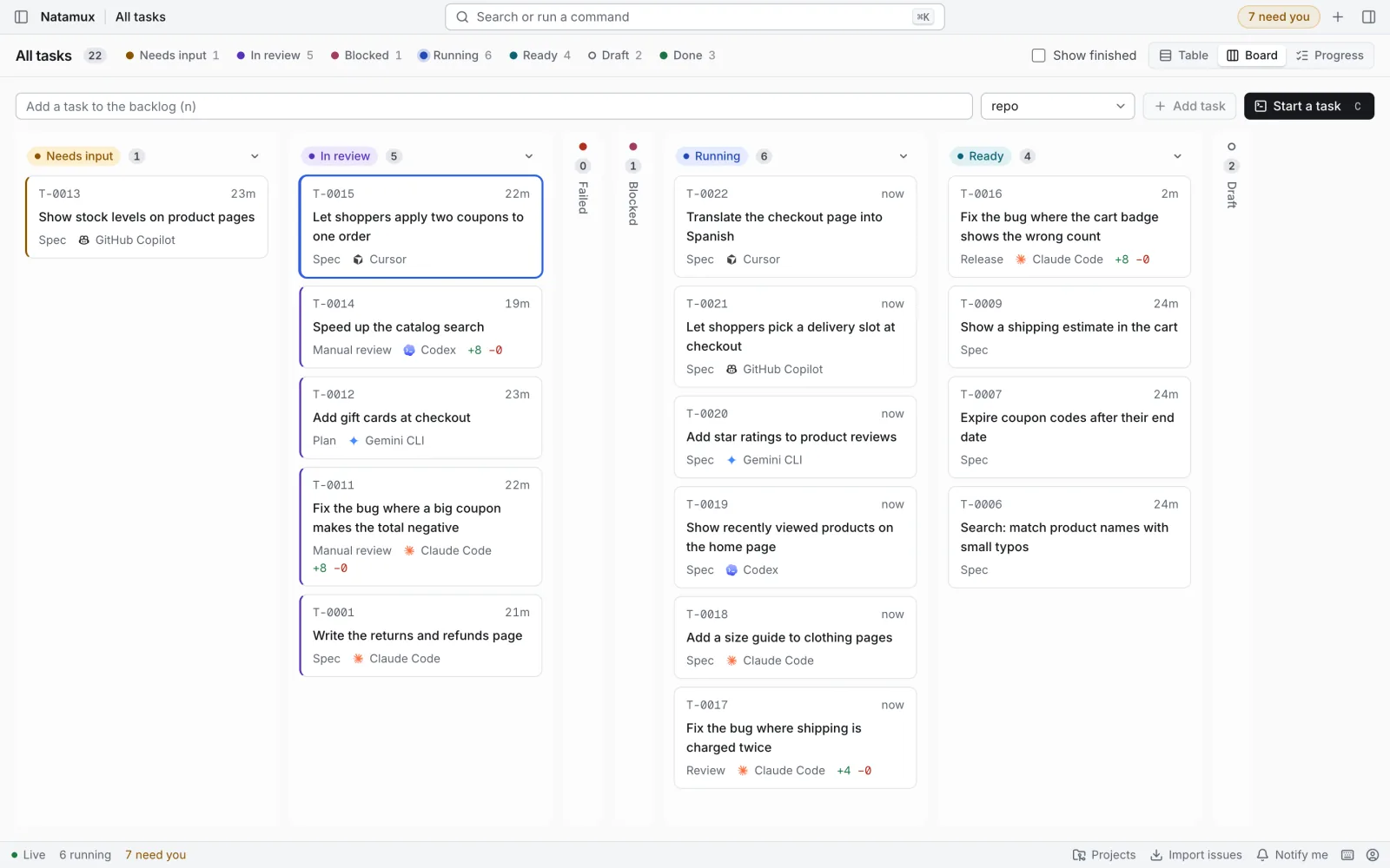 The Board view with the sidebar hidden. Needs input, In review, Running and Ready are columns with task cards. Failed, Blocked and Draft are narrow rails.
