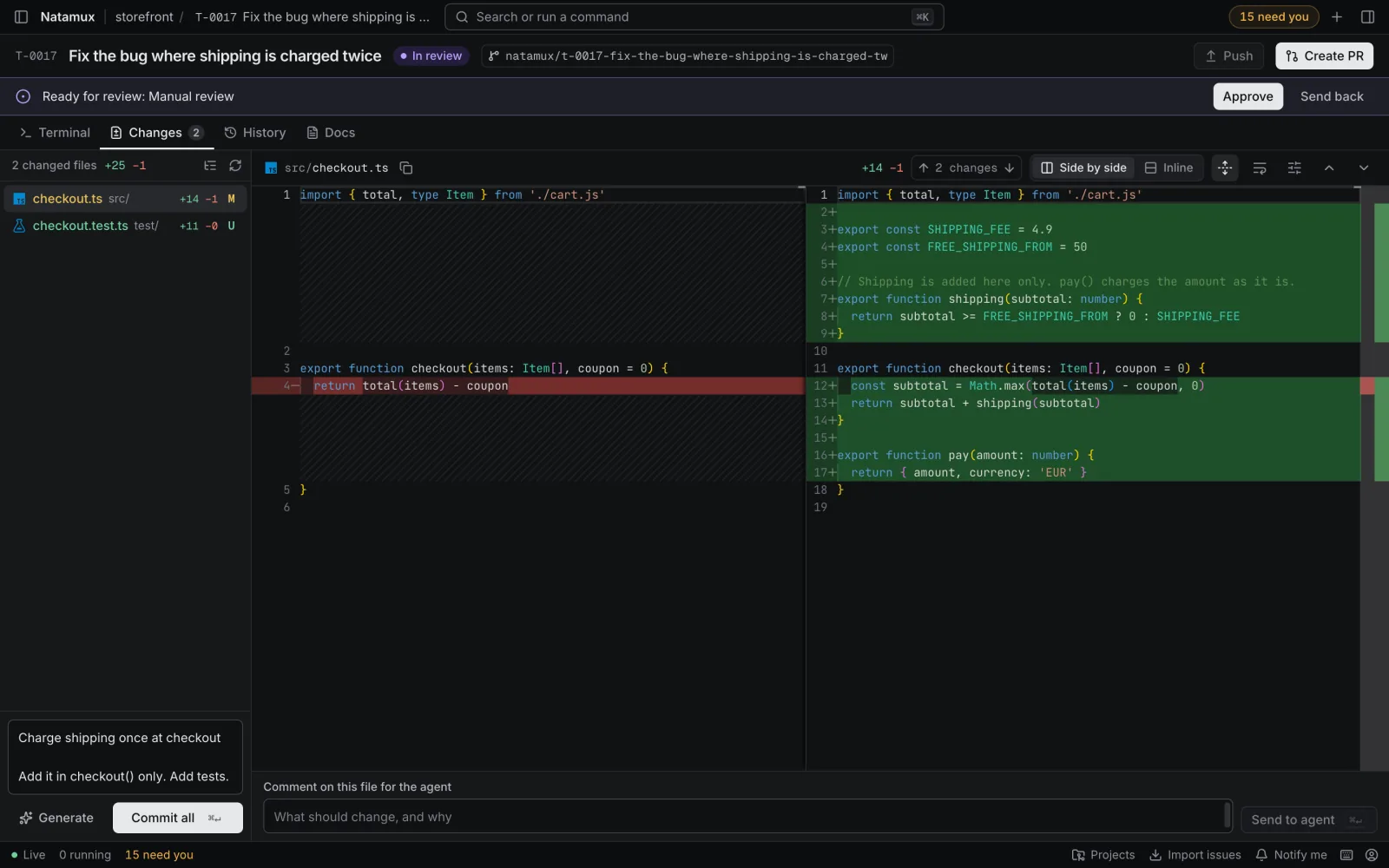 The Changes tab: two changed files, a side by side diff of checkout.ts, and under the list a commit message box with Generate and Commit all.