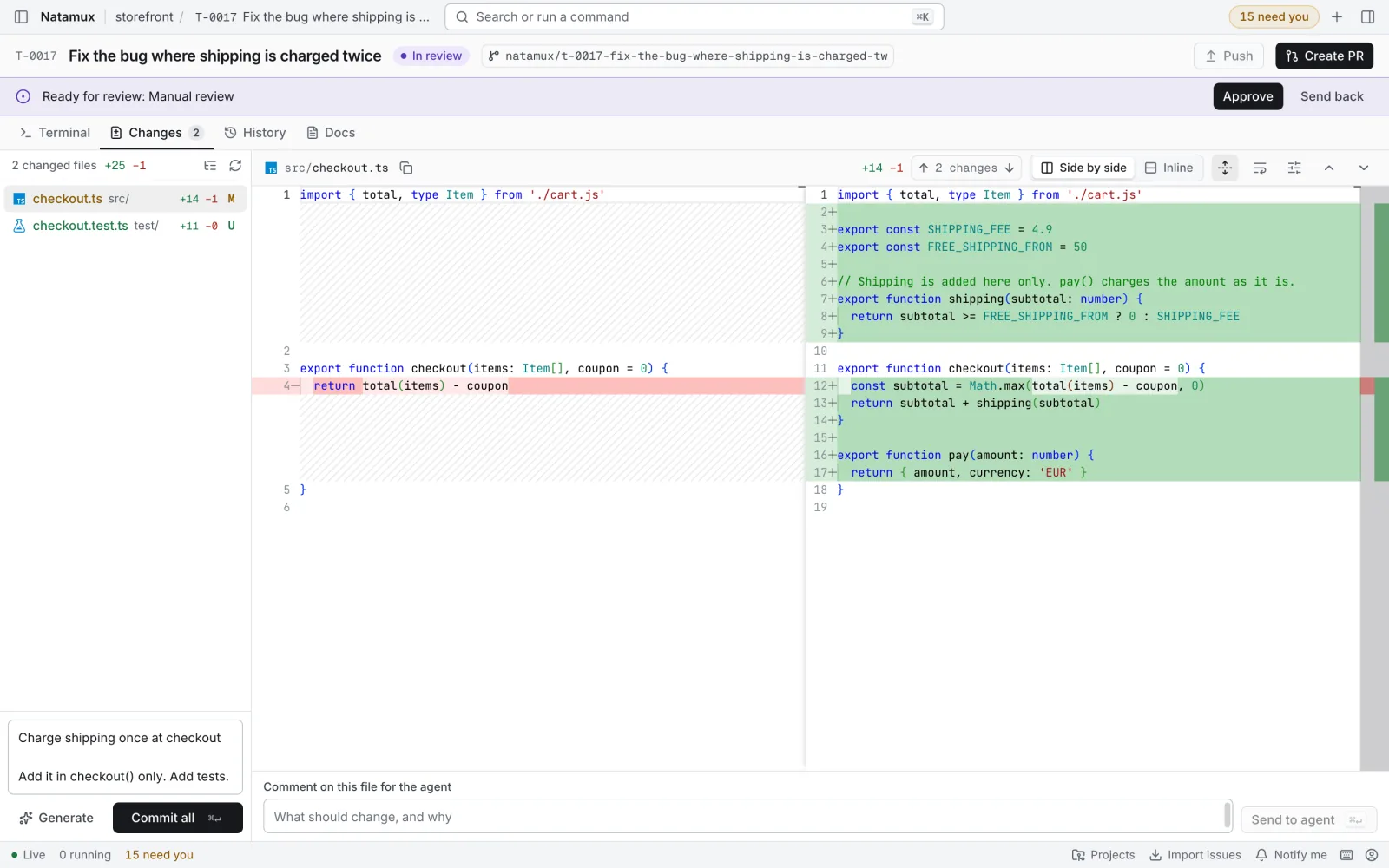 The Changes tab: two changed files, a side by side diff of checkout.ts, and under the list a commit message box with Generate and Commit all.