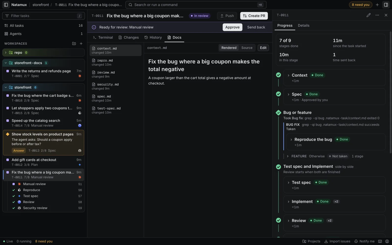 The Docs tab of a task: the stage files context.md, repro.md, review.md, security.md, spec.md and test-spec.md in the list on the left, and context.md shown formatted on the right, with Rendered, Source and Edit buttons.