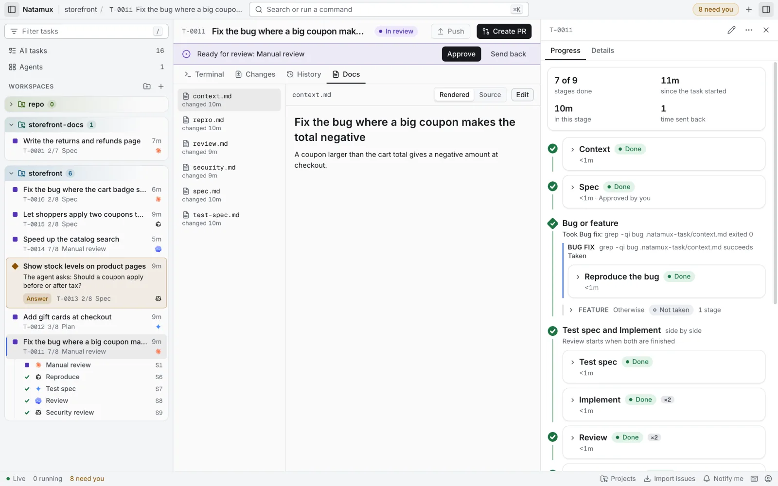 The Docs tab of a task: the stage files context.md, repro.md, review.md, security.md, spec.md and test-spec.md in the list on the left, and context.md shown formatted on the right, with Rendered, Source and Edit buttons.
