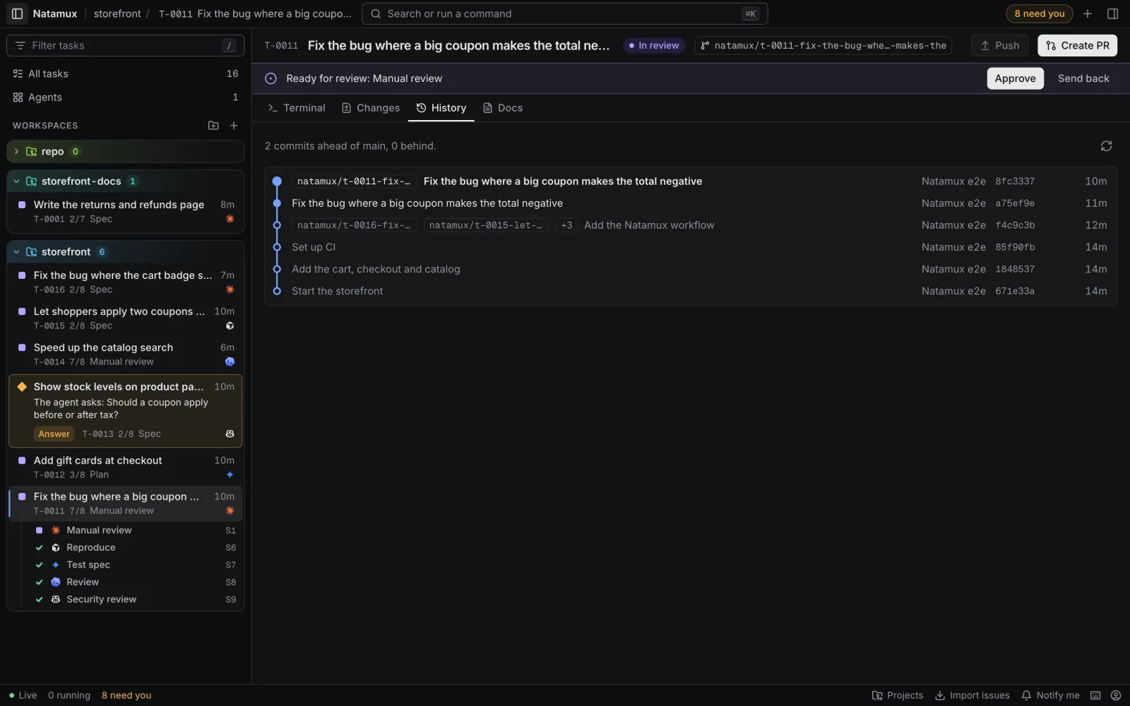 The History tab of a task. A line says 2 commits ahead of main, 0 behind, and under it a commit graph shows branch labels, commit messages, authors, short hashes and ages.