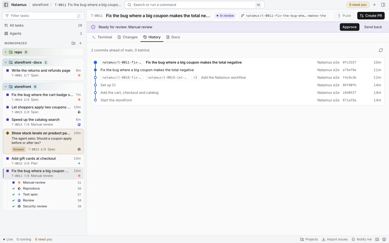 The History tab of a task. A line says 2 commits ahead of main, 0 behind, and under it a commit graph shows branch labels, commit messages, authors, short hashes and ages.