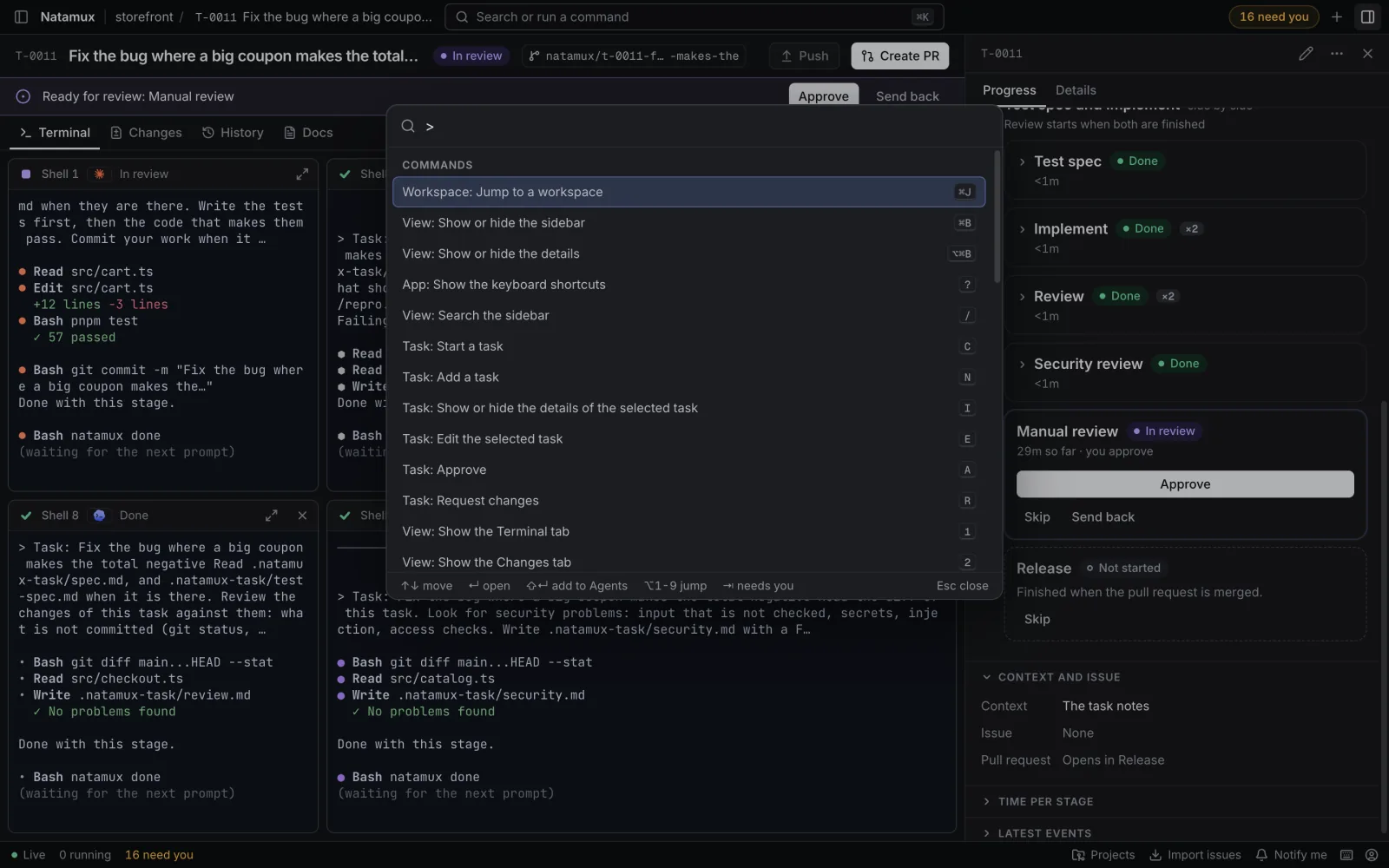 The command palette open over a task, after typing >. It lists commands such as Workspace: Jump to a workspace, View: Show or hide the sidebar and Task: Approve, each with its key.