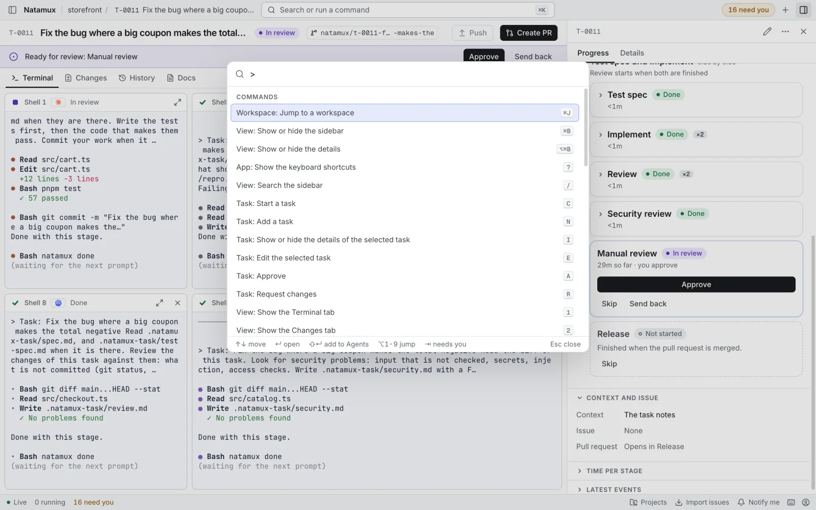 The command palette open over a task, after typing >. It lists commands such as Workspace: Jump to a workspace, View: Show or hide the sidebar and Task: Approve, each with its key.