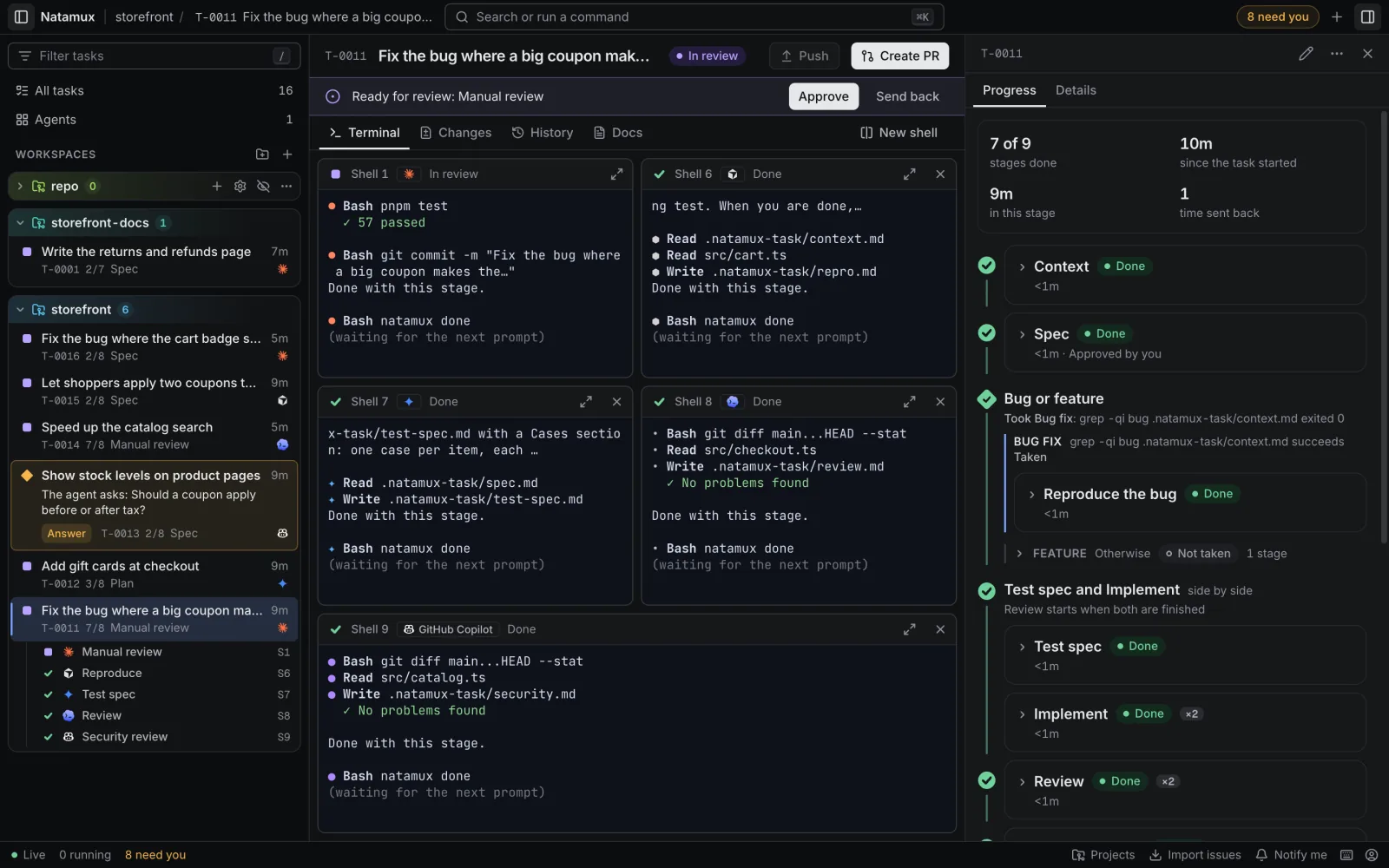 The Progress tab of a task. The branch header Bug or feature says Took Bug fix with the command that exited 0, the Bug fix path is marked Taken, and the Feature path is folded as Not taken.