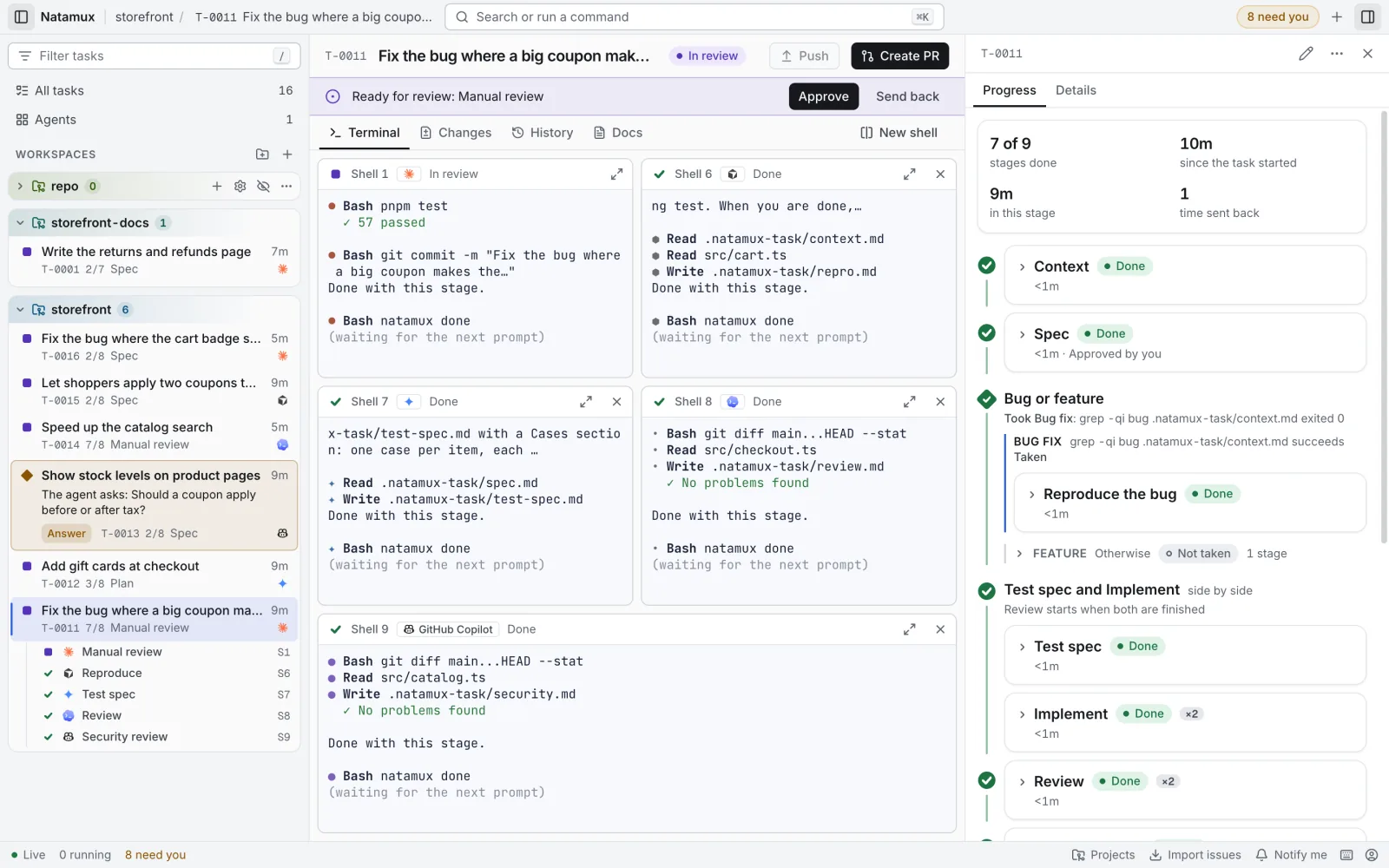 The Progress tab of a task. The branch header Bug or feature says Took Bug fix with the command that exited 0, the Bug fix path is marked Taken, and the Feature path is folded as Not taken.