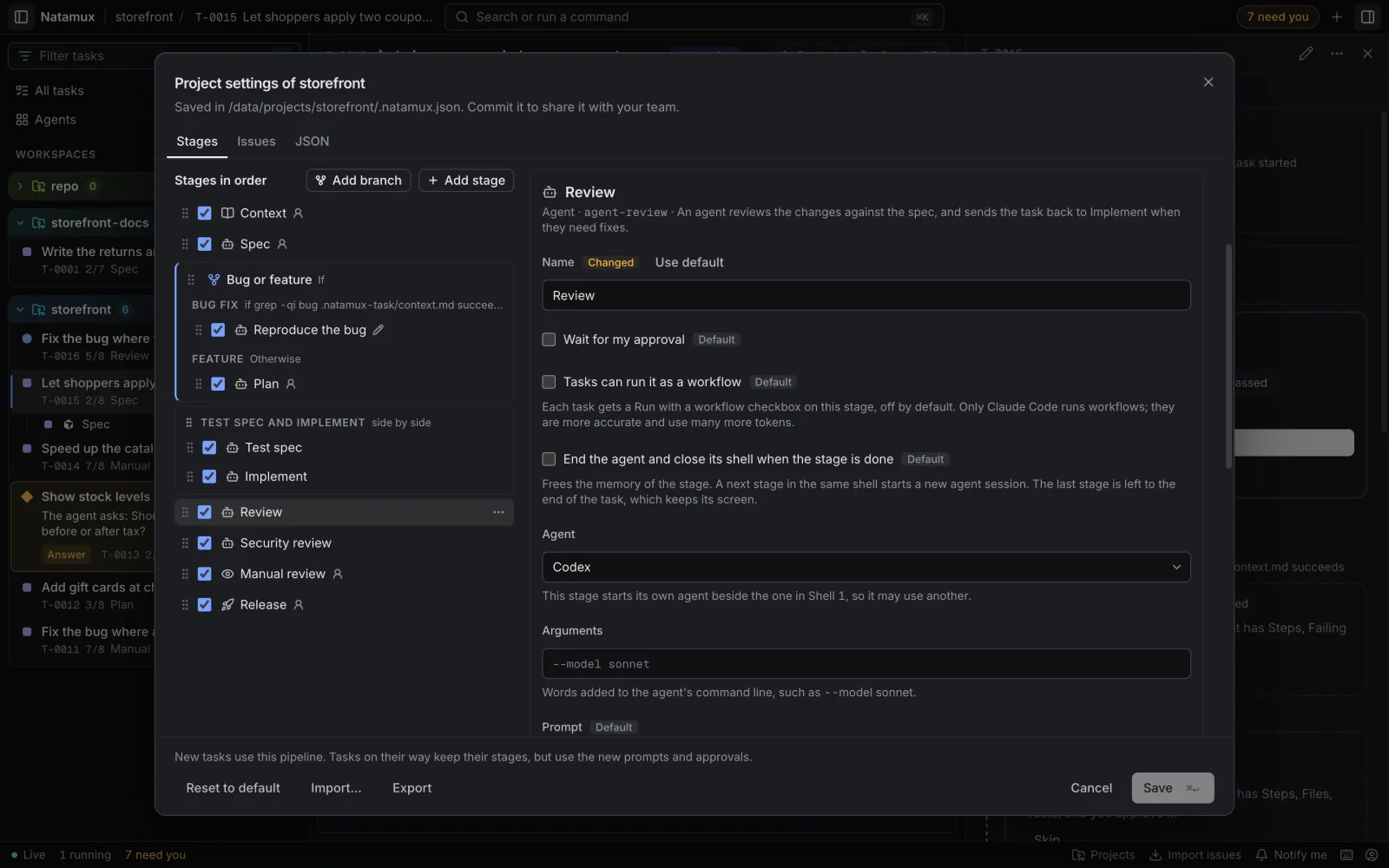 Project settings of storefront, Stages tab, with the Review stage selected. The Agent field is set to Codex, and the Arguments field is empty and shows the hint --model sonnet.