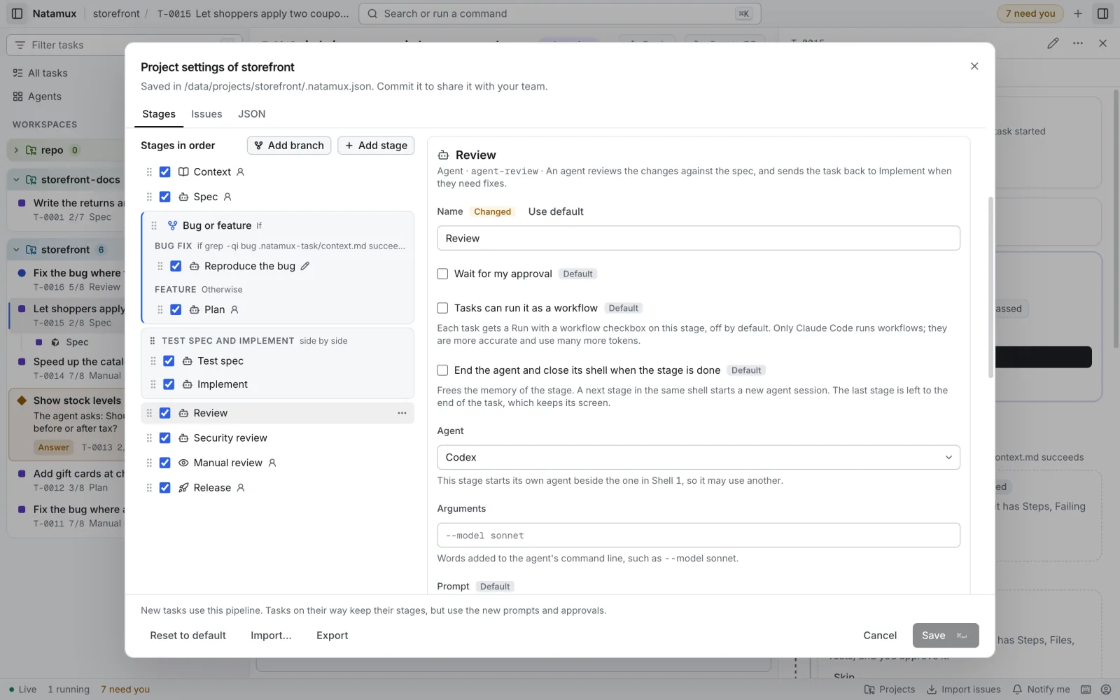 Project settings of storefront, Stages tab, with the Review stage selected. The Agent field is set to Codex, and the Arguments field is empty and shows the hint --model sonnet.