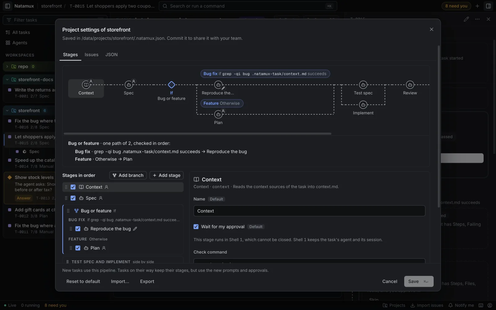 Project settings of storefront, Stages tab, with Context selected. On top, a flow chart of the pipeline with the If node. Under it, a summary of the branch, the list of stages in order with checkboxes, and the details of Context.
