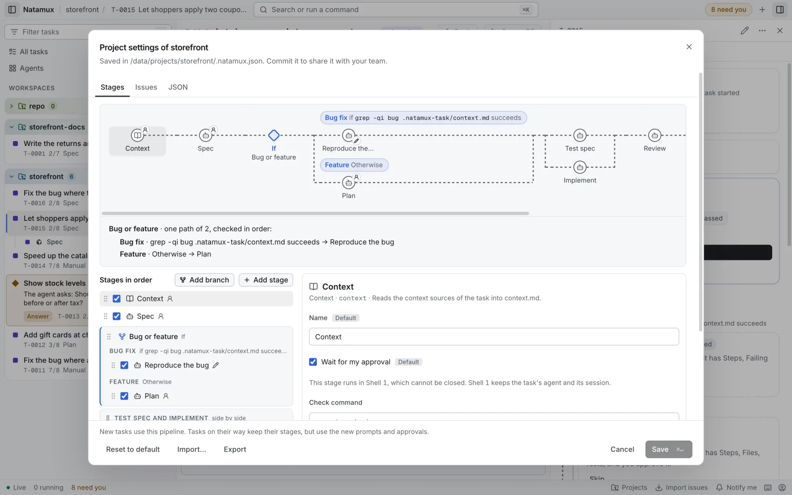 Project settings of storefront, Stages tab, with Context selected. On top, a flow chart of the pipeline with the If node. Under it, a summary of the branch, the list of stages in order with checkboxes, and the details of Context.