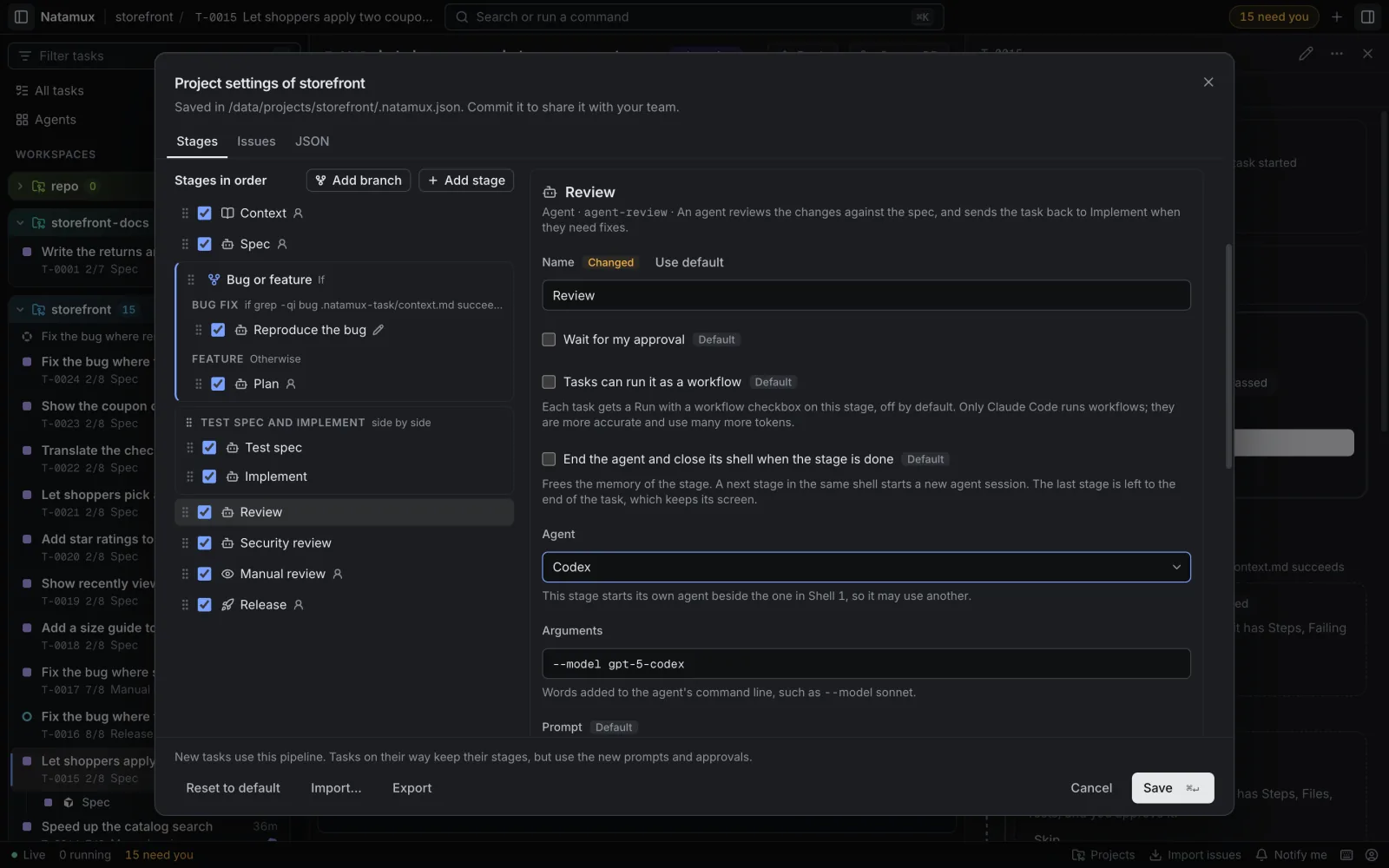 Project settings of storefront, Stages tab, with the Review stage selected. The Agent field is set to Codex, and the Arguments field below it holds --model gpt-5-codex. The Save button is not yet pressed.