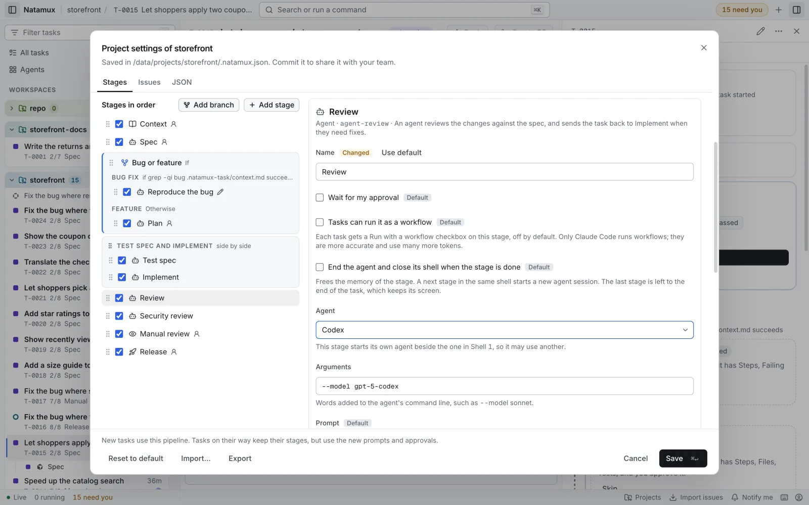Project settings of storefront, Stages tab, with the Review stage selected. The Agent field is set to Codex, and the Arguments field below it holds --model gpt-5-codex. The Save button is not yet pressed.