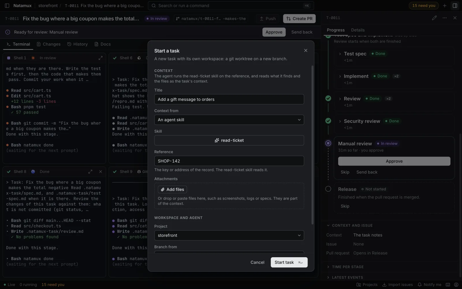 The Start a task dialog with Context from set to An agent skill. The Skill is read-ticket, the Reference is SHOP-142, and the Title is Add a gift message to orders.