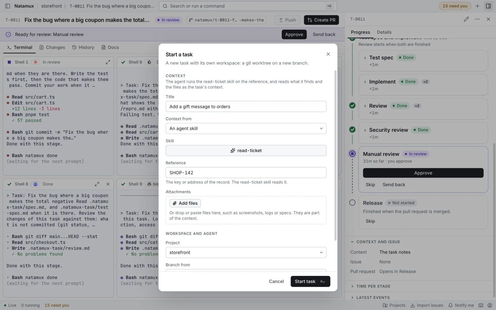 The Start a task dialog with Context from set to An agent skill. The Skill is read-ticket, the Reference is SHOP-142, and the Title is Add a gift message to orders.