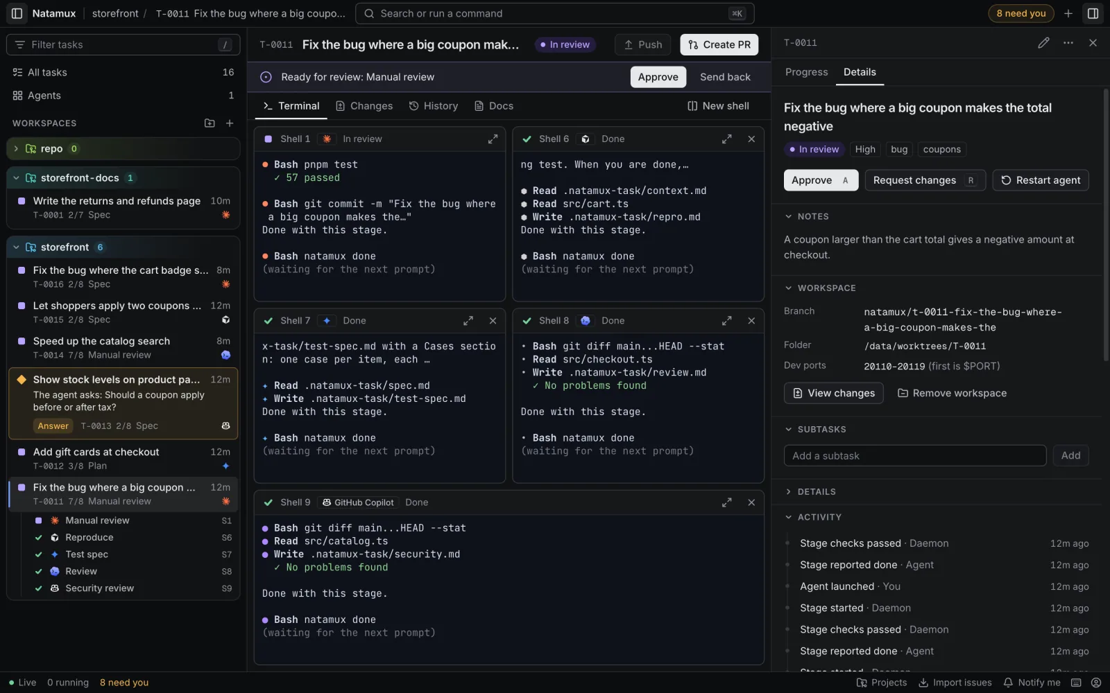 An open task with the Details view of the details panel: the title and labels, Approve, Request changes and Restart agent, the notes, the workspace with branch, folder and dev ports 20110-20119, the subtasks and the activity list.