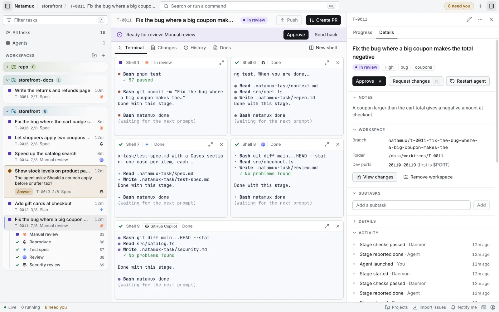 An open task with the Details view of the details panel: the title and labels, Approve, Request changes and Restart agent, the notes, the workspace with branch, folder and dev ports 20110-20119, the subtasks and the activity list.