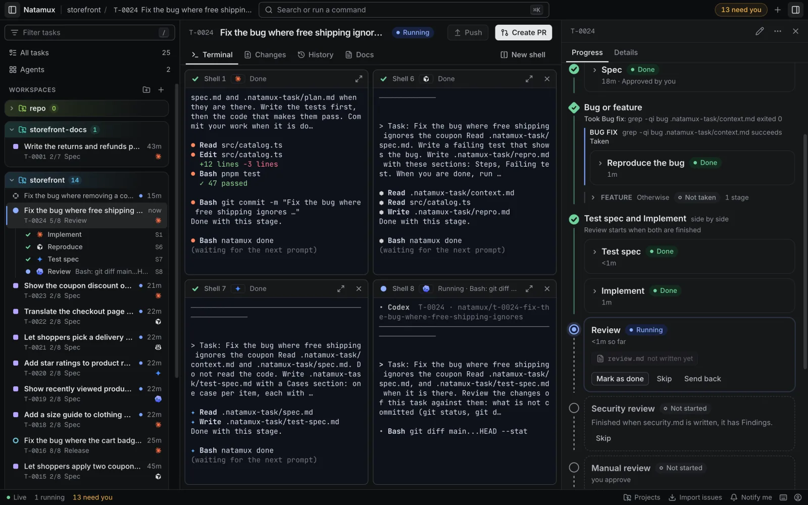 An open task with four agent shells: Shell 1, Shell 6, Shell 7 and Shell 8. The Review agent runs in Shell 8 and shows git diff, and the Progress tab shows Review Running.