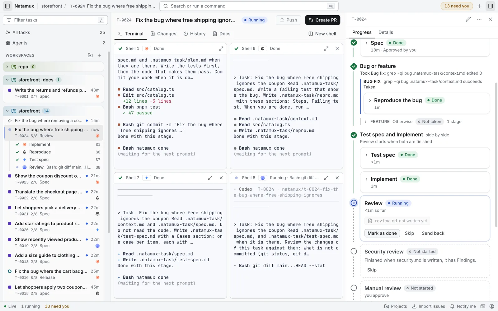 An open task with four agent shells: Shell 1, Shell 6, Shell 7 and Shell 8. The Review agent runs in Shell 8 and shows git diff, and the Progress tab shows Review Running.
