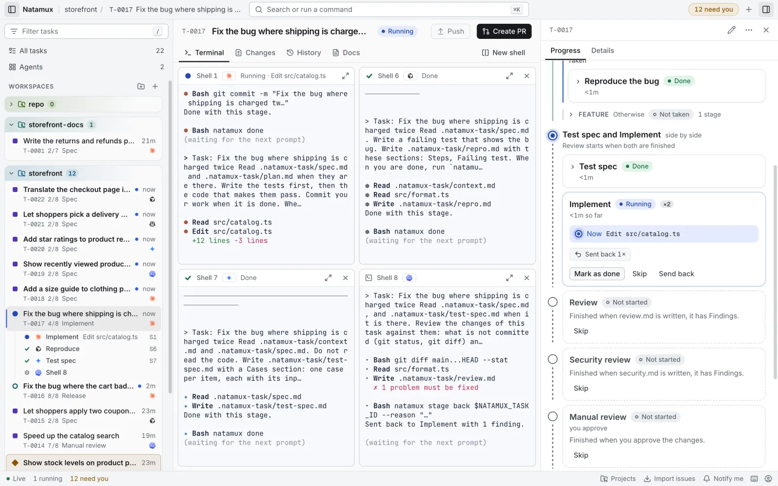 An open task after the review agent sent it back. Shell 8 shows a review with 1 problem to fix, the natamux stage back command, and the line Sent back to Implement with 1 finding. In Progress, the Implement card is Running with x2 and Sent back 1x.