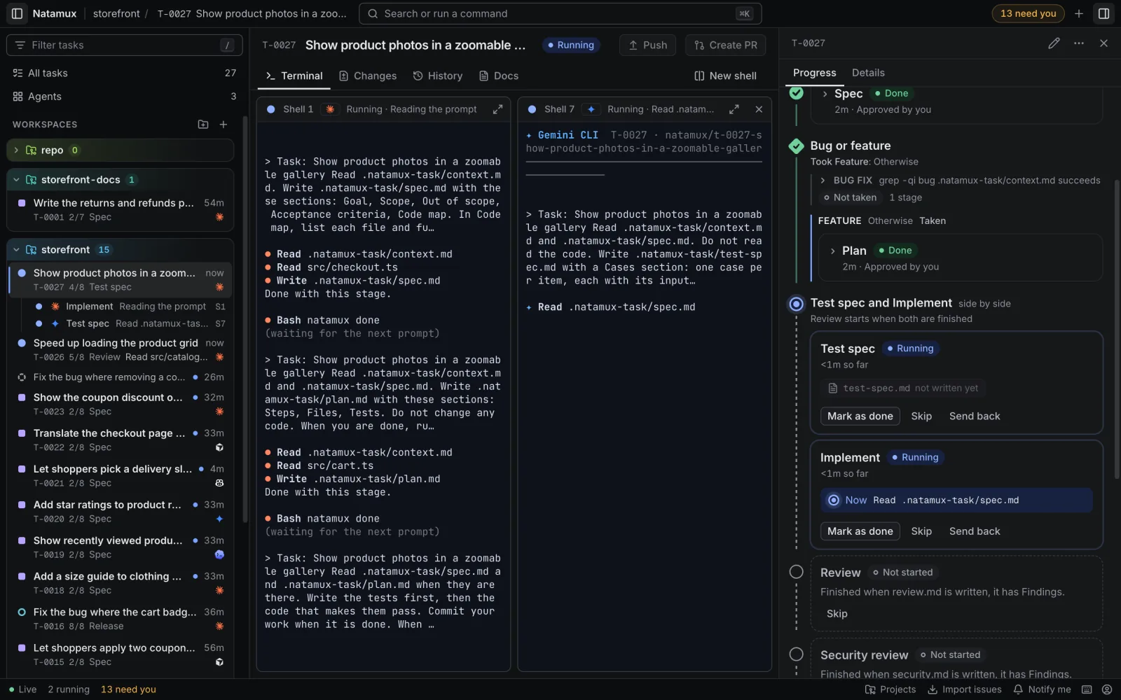 An open task with two agent terminals side by side. Shell 1 runs Claude Code on Implement and Shell 7 runs Gemini CLI on Test spec, and both say Running. The Progress panel shows the Test spec and Implement group with both stages Running.