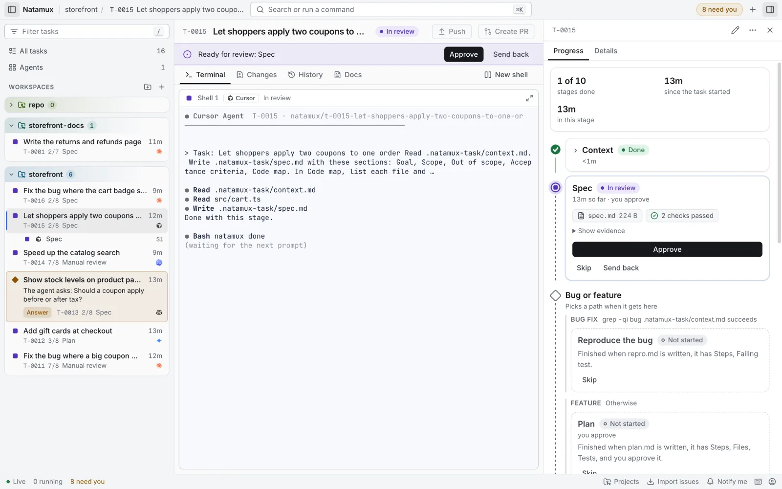 An open task at the Spec stage. The workspace header says In review. In the Progress tab, the Spec card says In review and has Approve and Send back buttons, and the Bug or feature branch waits below it.